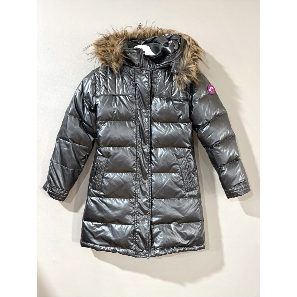 Appaman Sparkle Metallic Gray Puffer Coat Faux Fur Hood Girls 10 Glam Chic